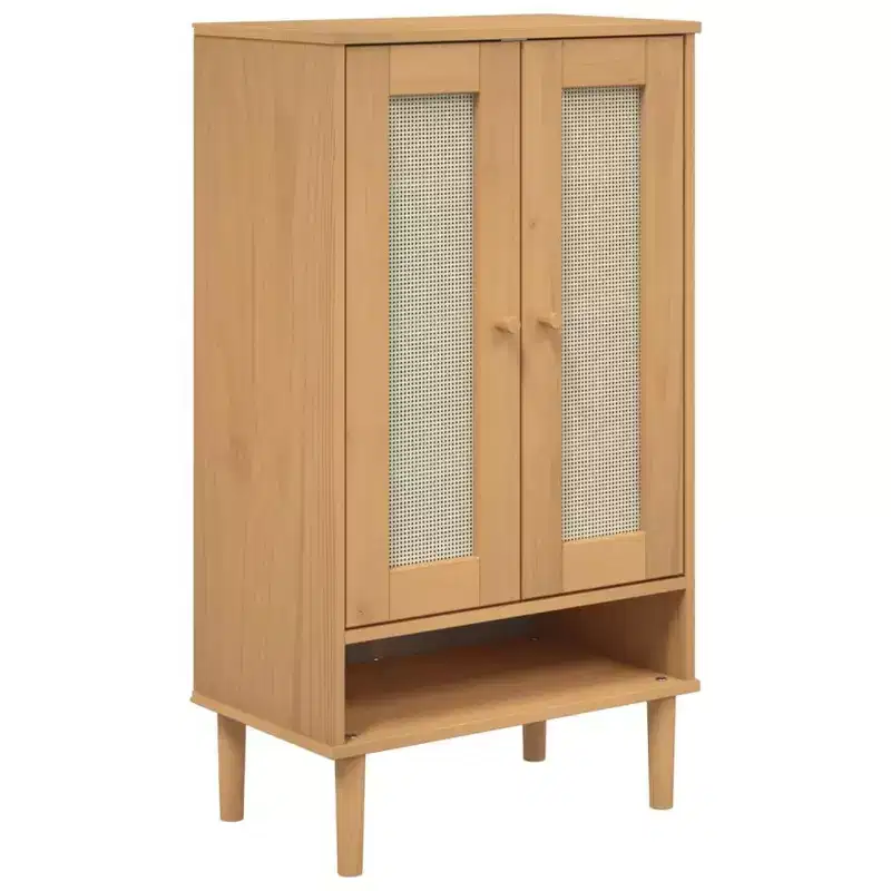 Shoe Cabinet Accent Storage Organizer Rattan Look Solid Wood