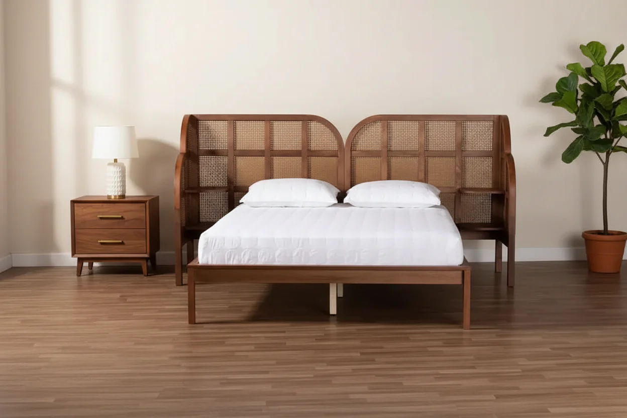 Cascadia King Size Wingback Platform Bed - Walnut Brown Rattan