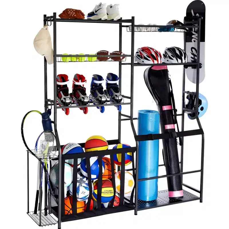 Golf & Sports Garage Organizer for 2 Golf Bags, Wire Baskets, Hooks & 3 Shelves, Steel