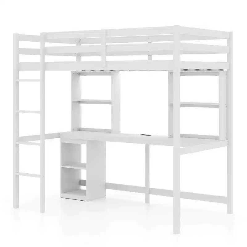 Twin Loft Bed with LED Light & Power Outlet Desk Storage Shelves & Cabinet