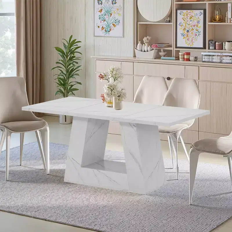 MAYEERTY 63 Inch Faux Marble Dining Table, 4-6 Seater Modern Table with Trapezoidal Legs for Dining Room