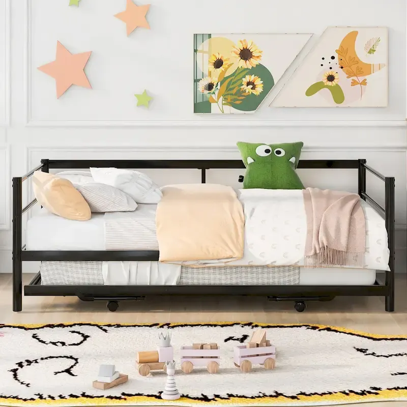 Black Industrial Metal Twin Daybed with Adjustable Pop-Up Trundle