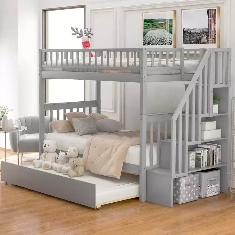 Whisen Wood Bunk Bed with Trundle and Storage Staircase
