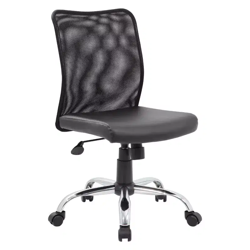 Armless Budget Mesh Task Chair Black - Boss Office Products: Pneumatic Lift, Chrome Base, Vinyl Seat