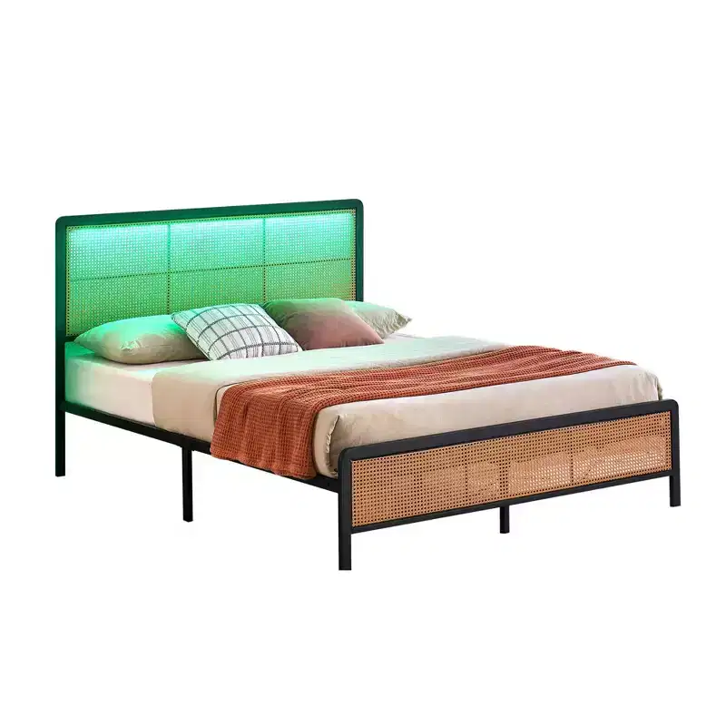 Rattan Platform Bed Frame with Metal Slats, Underbed Storage, No Box Spring Needed, Boho Style, Queen Size, Black/White, with/without RGB LED Light