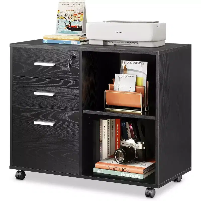 3-Drawer Wood File Cabinet with Lock, Mobile Lateral Filing Cabinet
