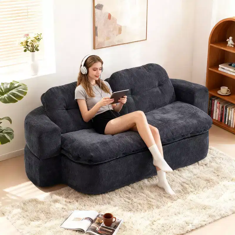 Modern Convertible Chenille Fabric Floor Futon Sofa for Living Room Bedroom,Rest Chair Sleeper Sofa with Comfy Backrest & Pillows