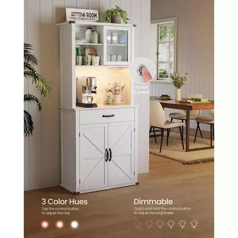 VASAGLE 71 Pantry Cabinet with Lights and Charging Station, Kitchen Pantry Cabinet,Farmhouse Storage Cabinet