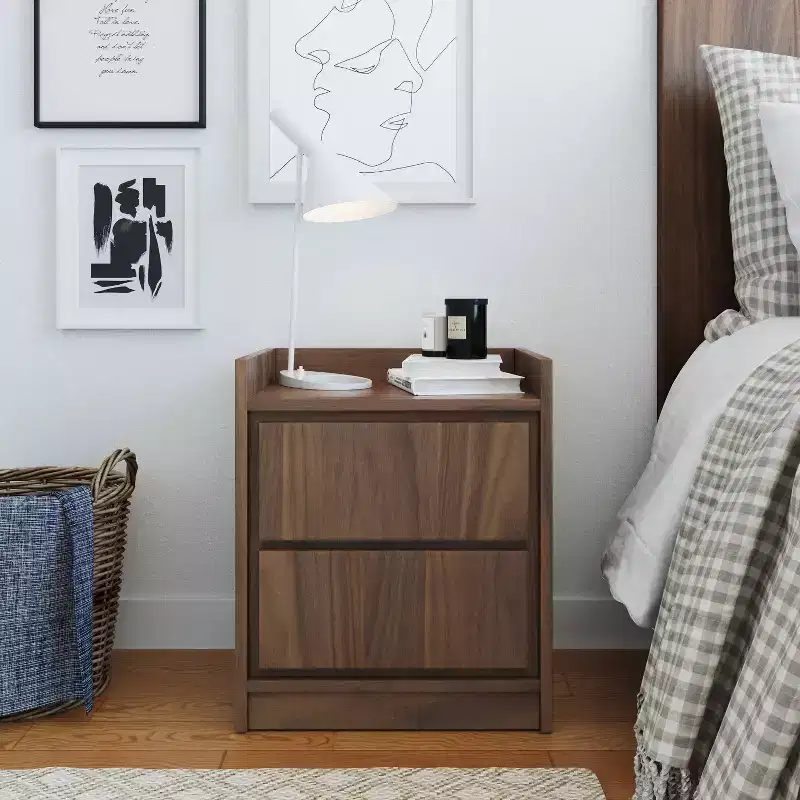 Swing Door Nightstand Walnut, Modern Storage Solution, Push-Spring Access, Ideal for Platform Beds