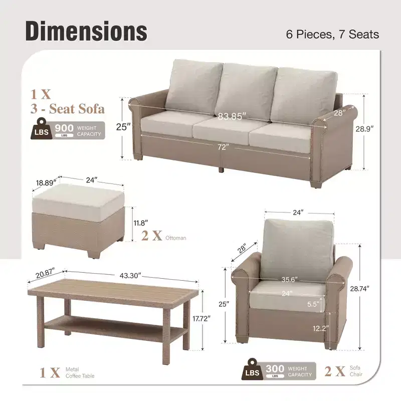 Captiva Designs 6 Piece Luxury Wicker Patio Conversation Sofa Set with Curved Armrests with Cushions