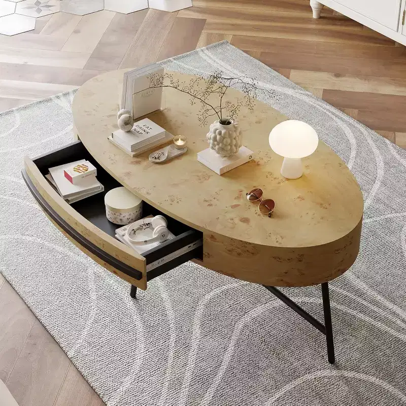 Acekool Oval Coffee Table with Drawer, 47.2 Wooden Storage Table with Cross Metal Legs  Mid-Century Modern Center Table in Natural & Golden Willow