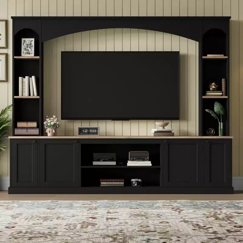 91 Media Console, Arched Entertainment Center Wall Unit, Farmhouse TV Stand with Bookshelf, Wood Grain for TVs Up to 70