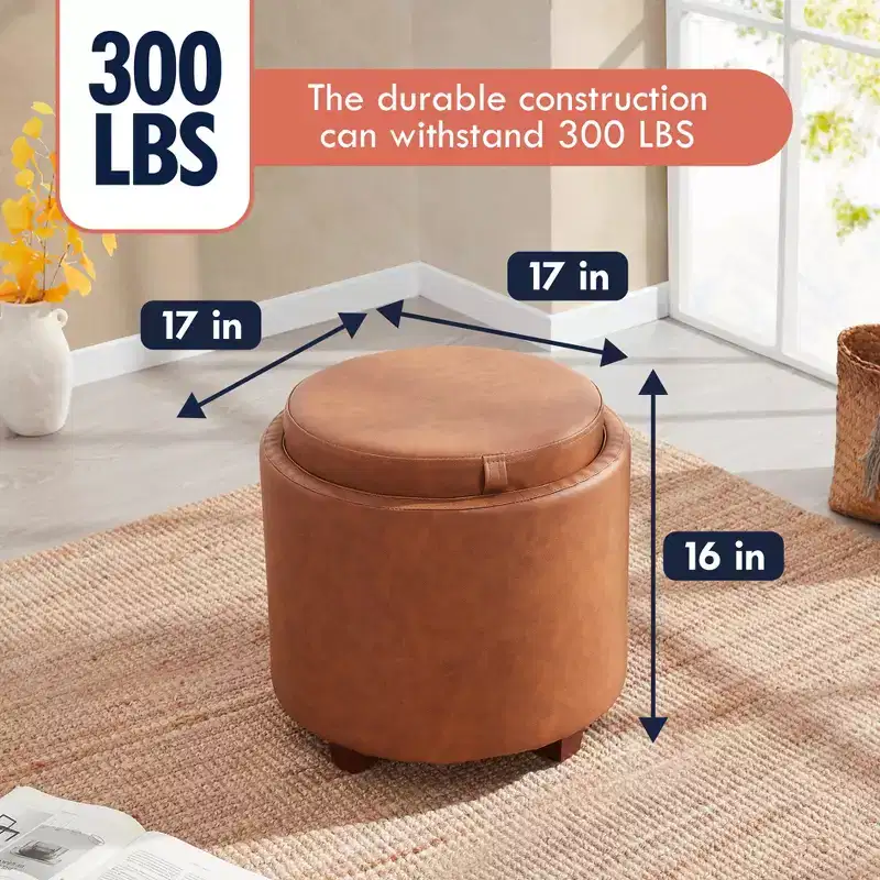 Round Faux Leather Storage Ottoman with Table Top Lid
