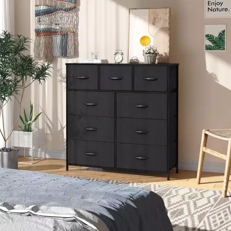 9-Drawer Extra Wide Fabric Dresser for Bedroom Clothes Storage Tower with Sturdy Steel Frame Wood Top Easy Pull Bins Wood Handles
