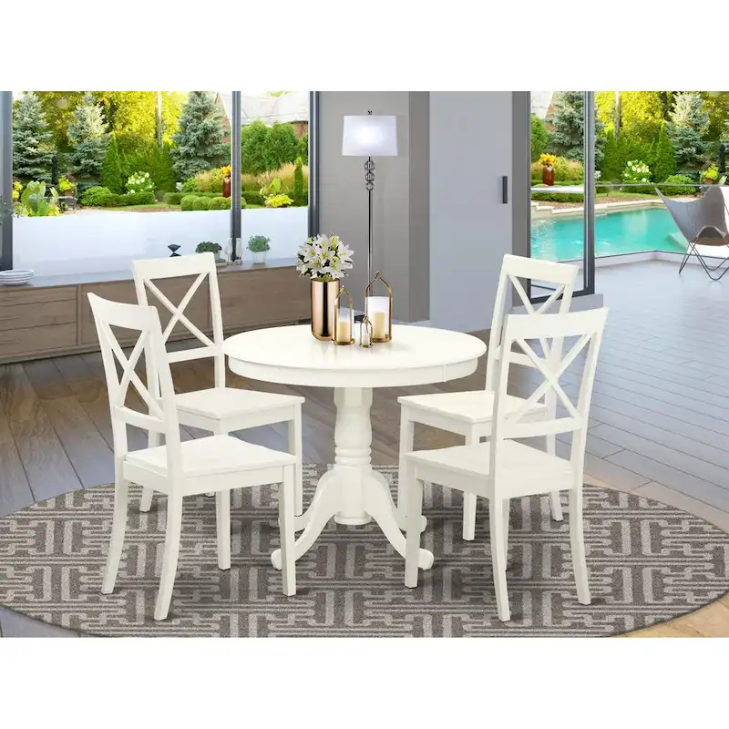 East West Furniture Kitchen Table Set- A Round Dining Room Table and Solid Wood Seat Chairs, Linen White (Pieces Options)