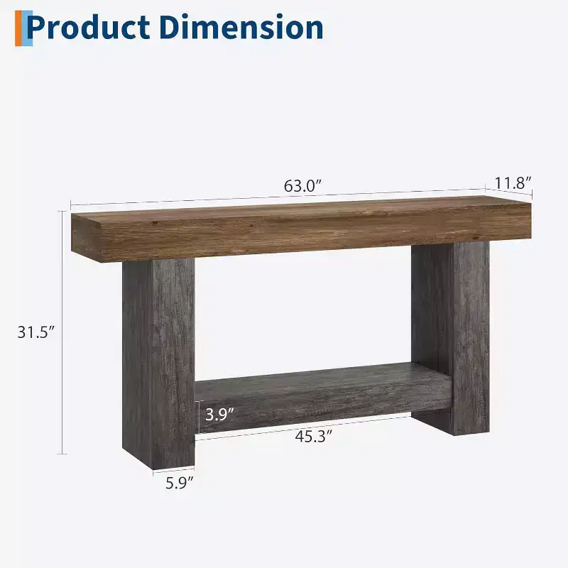 63 Long Farmhouse Entryway Console Table, 2-Tier Rustic Brown & Grey Sofa Table Behind Couch with Open Storage for Entrance, Living Room & Hallway