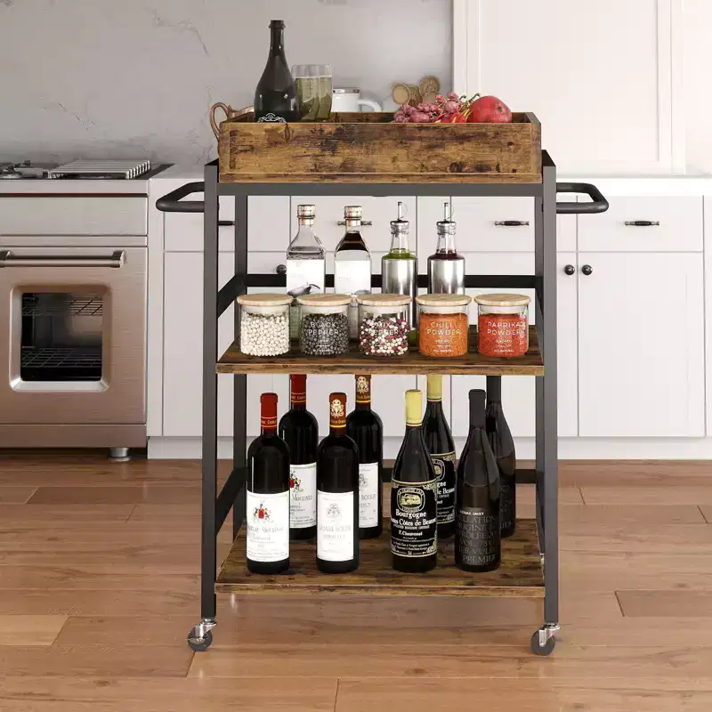 Rustic Rolling Bar Cart 3-Tier with Removable Tray and Lockable Wheels