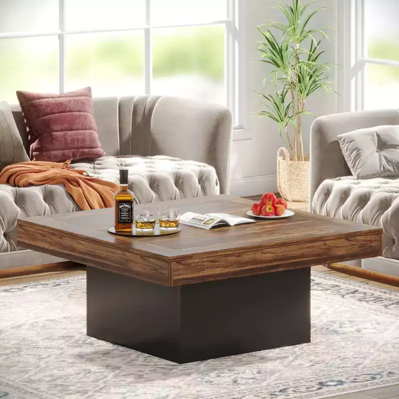 LITTLE TREE Square Farmhouse Wood Coffee Table with LED Brown/Black
