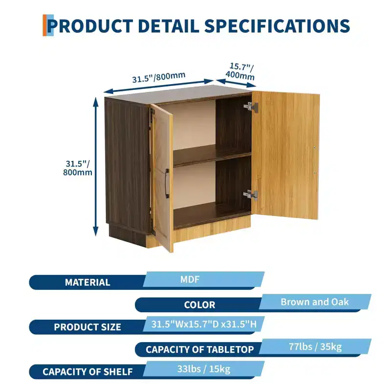 31.5 Sideboard Buffet Cabinet, Wooden Kitchen Credenza with Adjustable Shelves, Coffee Bar Storage Console, Floor Cupboard Cabinet for Living Room