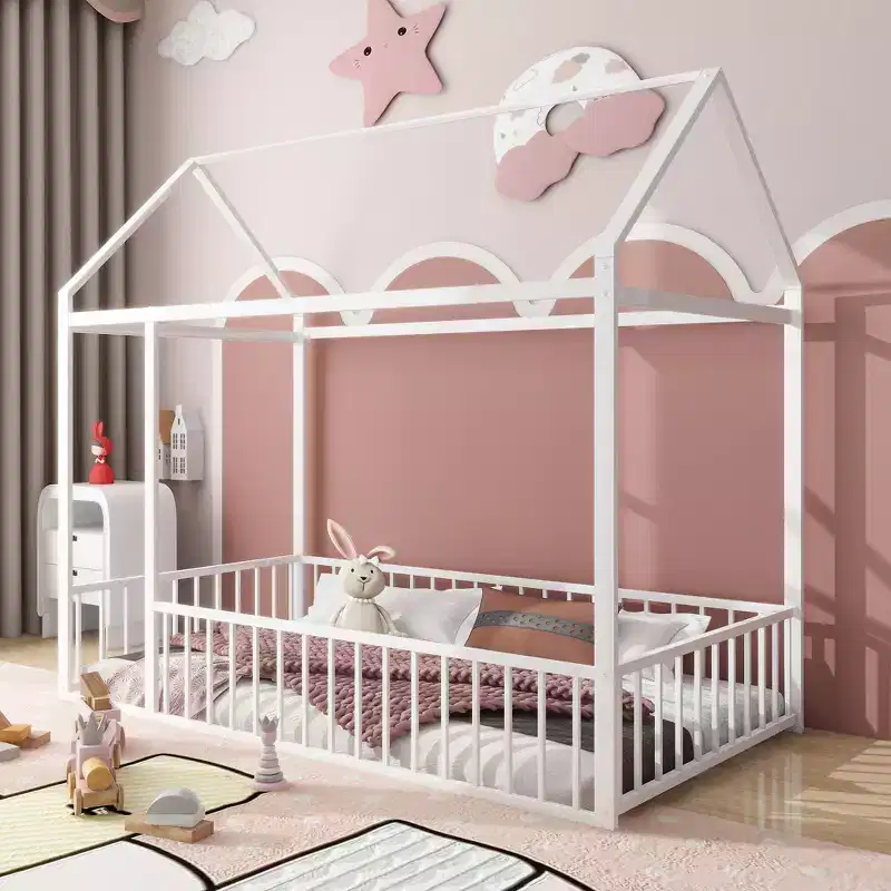 Twin Metal House Bed Frame with Fence, Low Profile Kids & Teen Bed Frame
