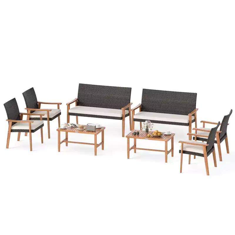 Costway 8 PCS Patio Furniture Set with Acacia Wood Coffee Table & Soft Cushions for Garden