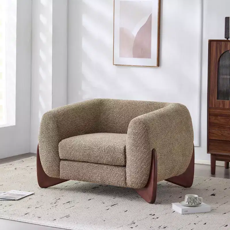 Birch Wood Boucle Upholstered Club Chair