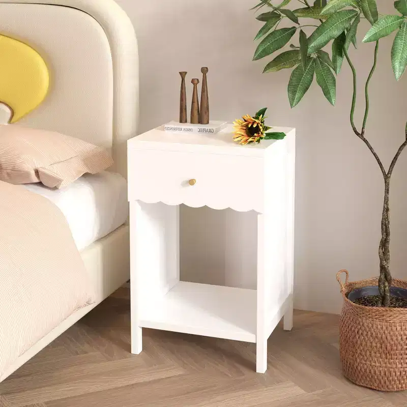 Modern White Nightstand with Drawer and Open Shelf,Scalloped Edge Bedside Table for Bedroom