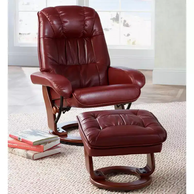 BenchMaster Kyle Ruby Red Faux Leather Recliner Chair Modern Armchair Ottoman Footrest Ergonomic Manual Reclining Swivel for Bedroom Living Room House