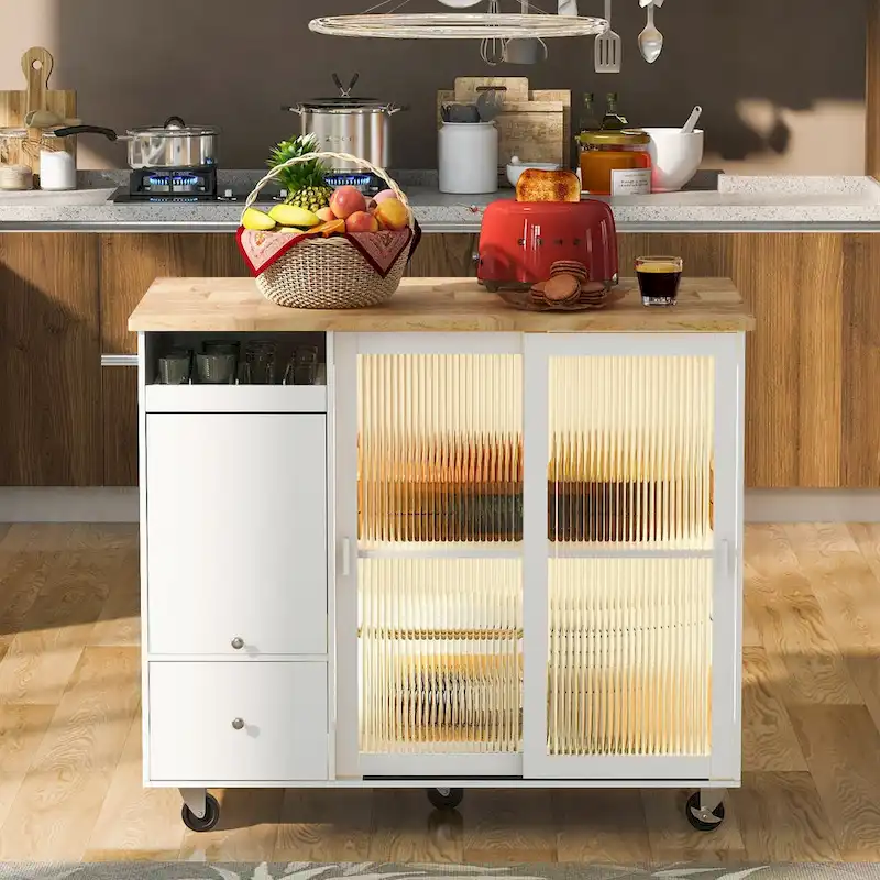 Rubberwood Kitchen Cart with Drop Leaf, Internal Storage Rack, Flip Cabinet Door, and 2 Drawers