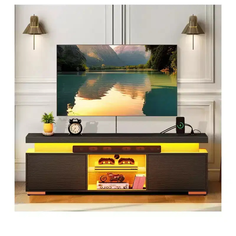 Modern TV Stand With Charging Station & LED Lights For 55/60/65 Inch TV Entertainment Center Media Console Living Room