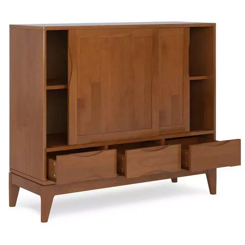 Mid-Century Modern Storage Cabinet, 2 Sliding Doors, 3 Drawers & 2 Shelves, Teak Brown