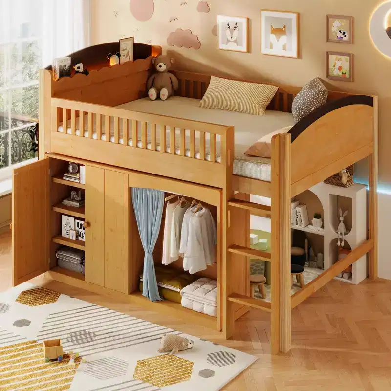Twin/Full Size Loft Bed for Kids with Storage Cabinet, Wardrobe with Curtain & LED Light - ModernLuxe