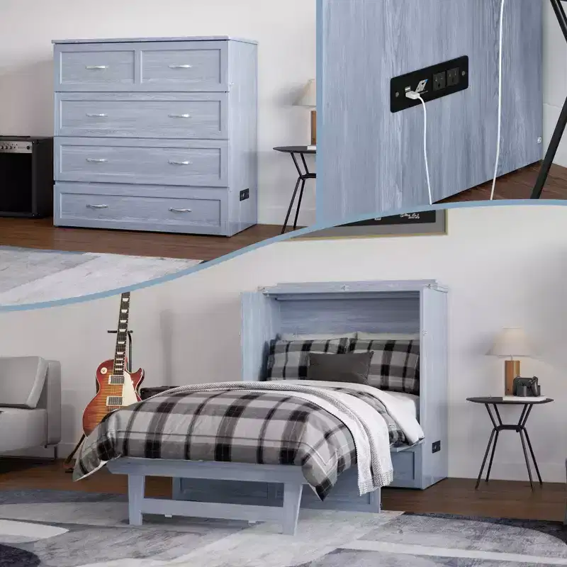 Murphy Bed Chest with Mattress, Twin XL, Blue / White, 1-Person