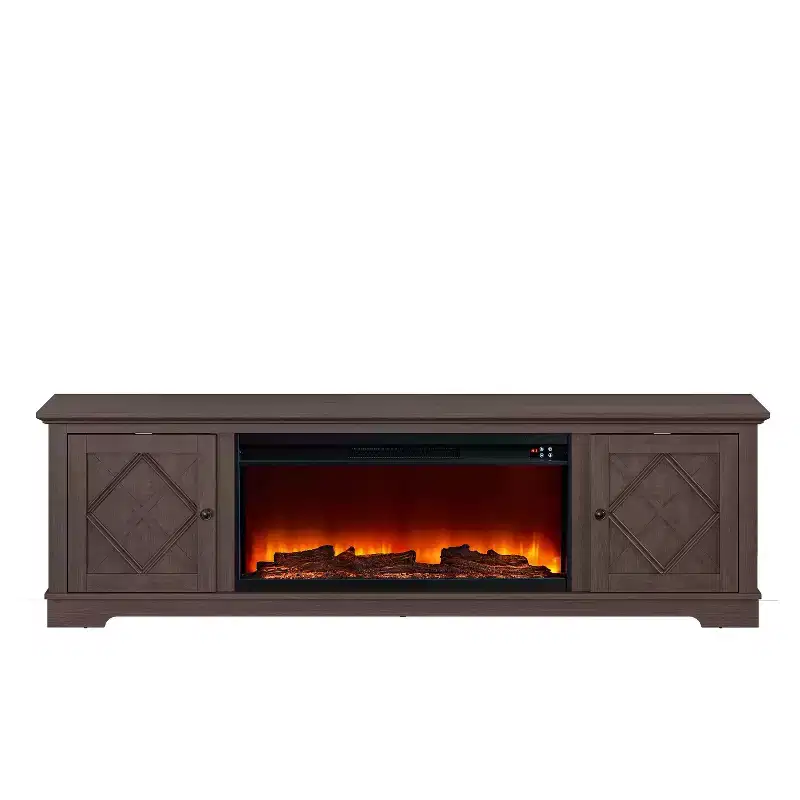 78" Farmhouse TV Stand for TVs up to 80" with Electric Fireplace Brown - Festivo: Media Console, MDF Storage