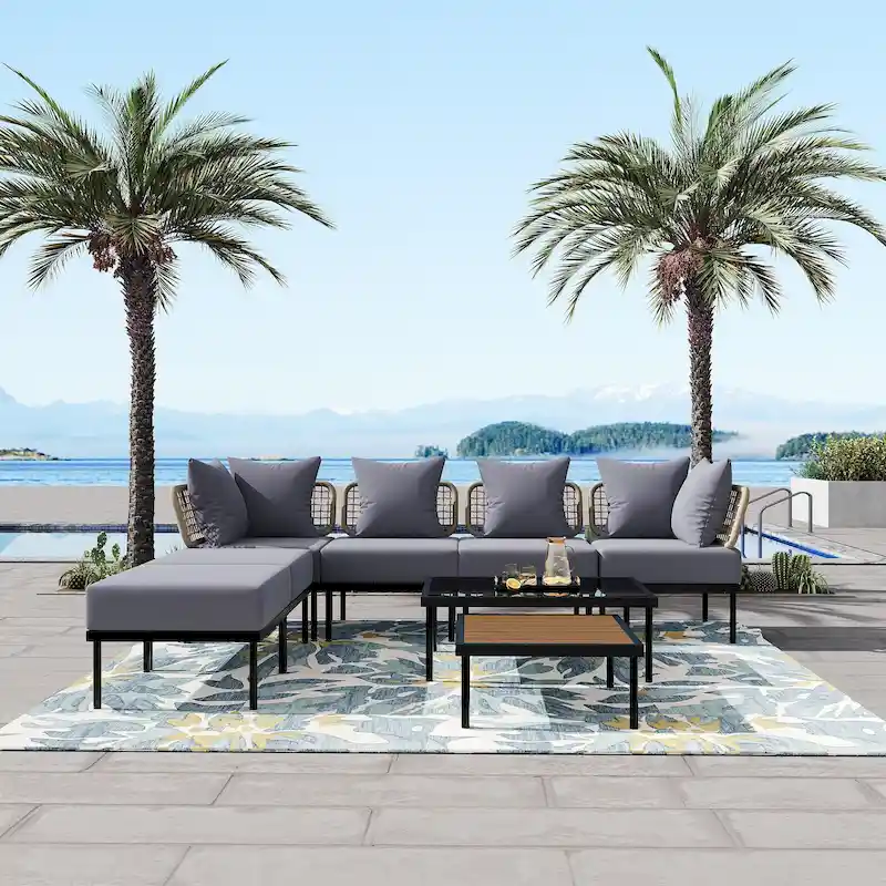 8 Pcs Wood Outdoor Furniture Set, Patio L-Shaped Sectional Sofa Set with Tempered Glass Coffee Table and Wooden Coffee Table