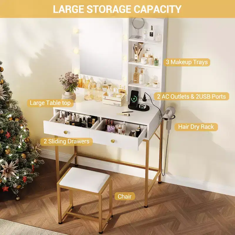 Vanity Desk with Mirror, 3 Lighting Modes, 2 Drawers, Charging Station & Stool for Bedroom