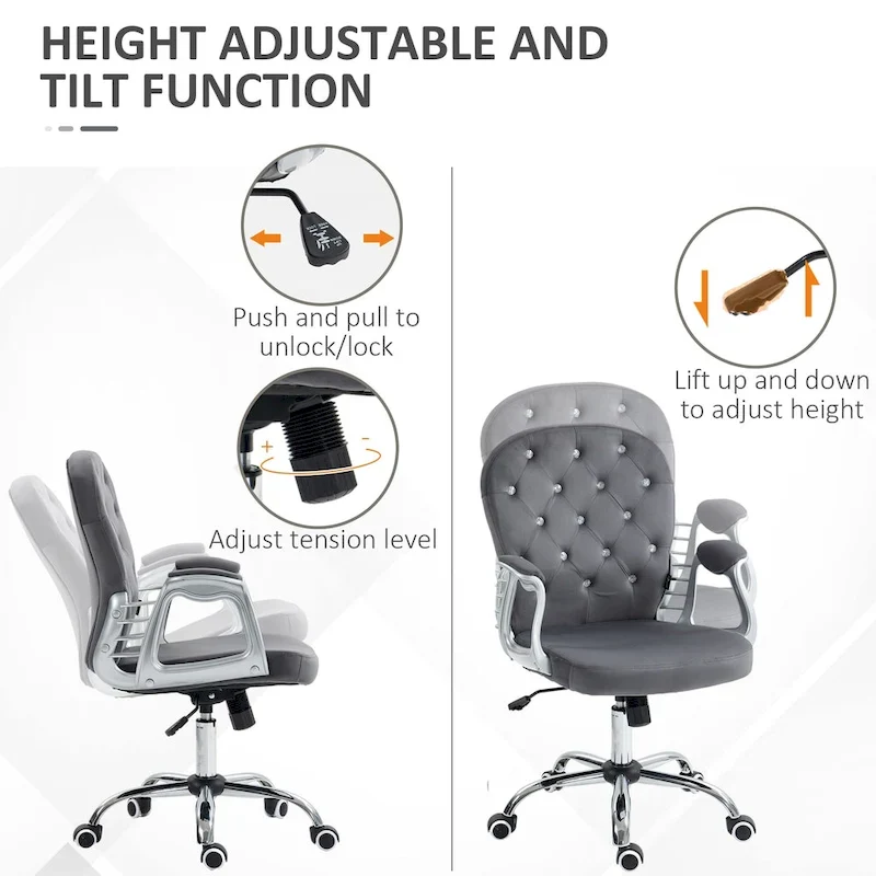 Vanity Middle Back Office Chair Tufted Backrest Swivel Rolling Wheels Task Chair with Height Adjustable Armrests