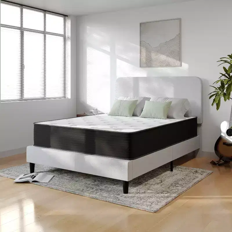 Emma and Oliver 12 Inch Hybrid Mattress, High Density Cooling Foam and Pocket Spring Mattress in a Box, CertiPur-US Certified Foam, White/Black