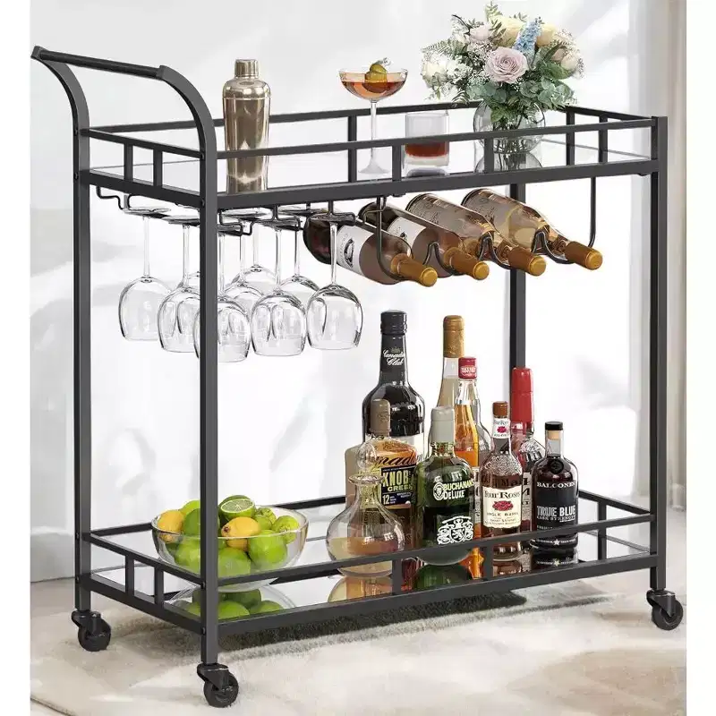 Home Bar Serving Cart with 2 Mirrored Shelves, Wine & Glass Holders