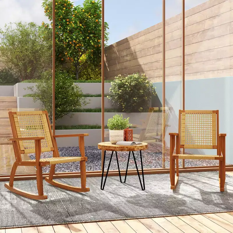 Outdoor Lawn Rocking Chair Set of 2, Acacia Wood Patio Rocking Chairs with Wicker Back and Seat for Garden