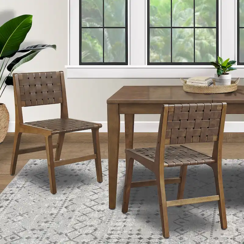 Faux Leather Woven Backrest Dining Chair Side Chair Set of 2