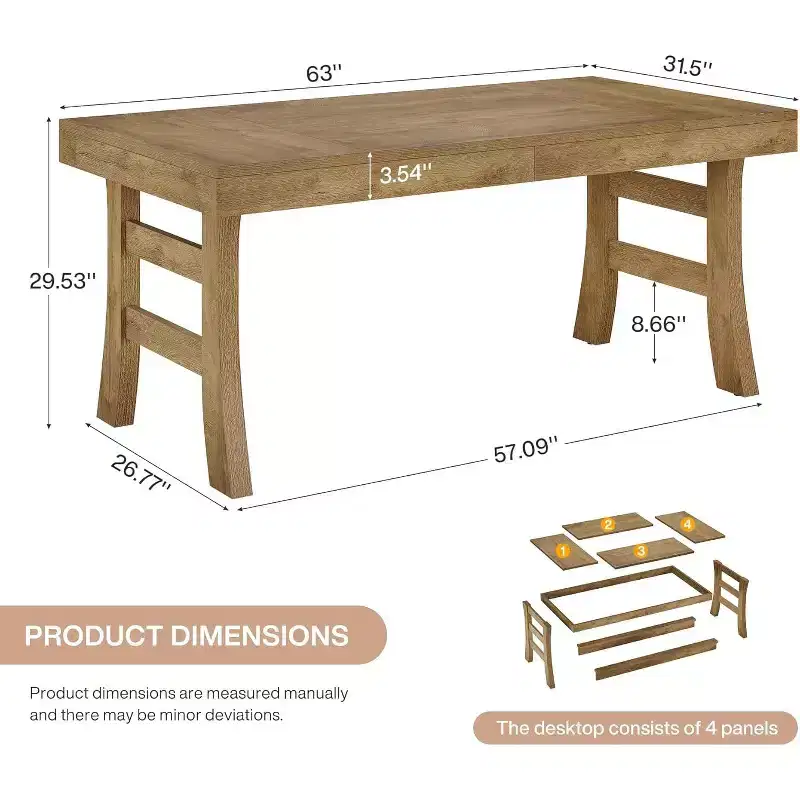 63Dining Table for 4-6 People, Rectangular Large Kitchen Dinner Eating Table with Sturdy Legs for Kitchen, Dining Room, Light Brown