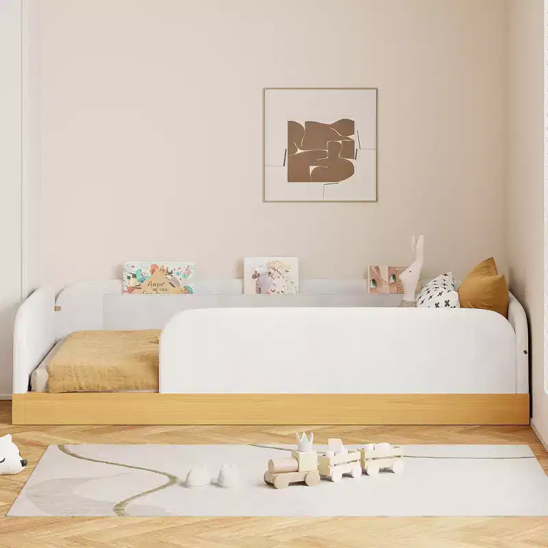 Twin Size Upholstered Platform Bed Frame with Velvet Guardrails & 3 Built-In Storage Bags, Natural - ModernLuxe