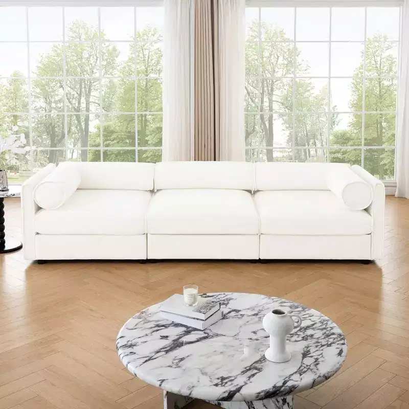 Elegant White Chenille Sofa with Storage Seat, Cylindrical Backrest and Armrests