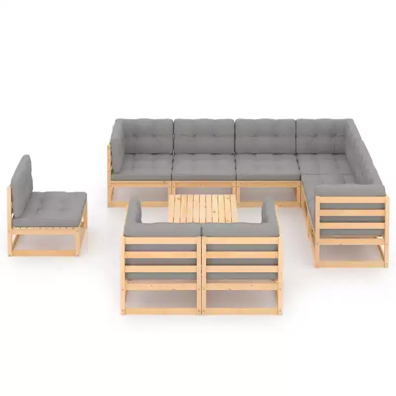 vidaXL Patio Furniture Set 10 Piece Outdoor Sectional Sofa Solid Wood Pine - Natural With Cushions