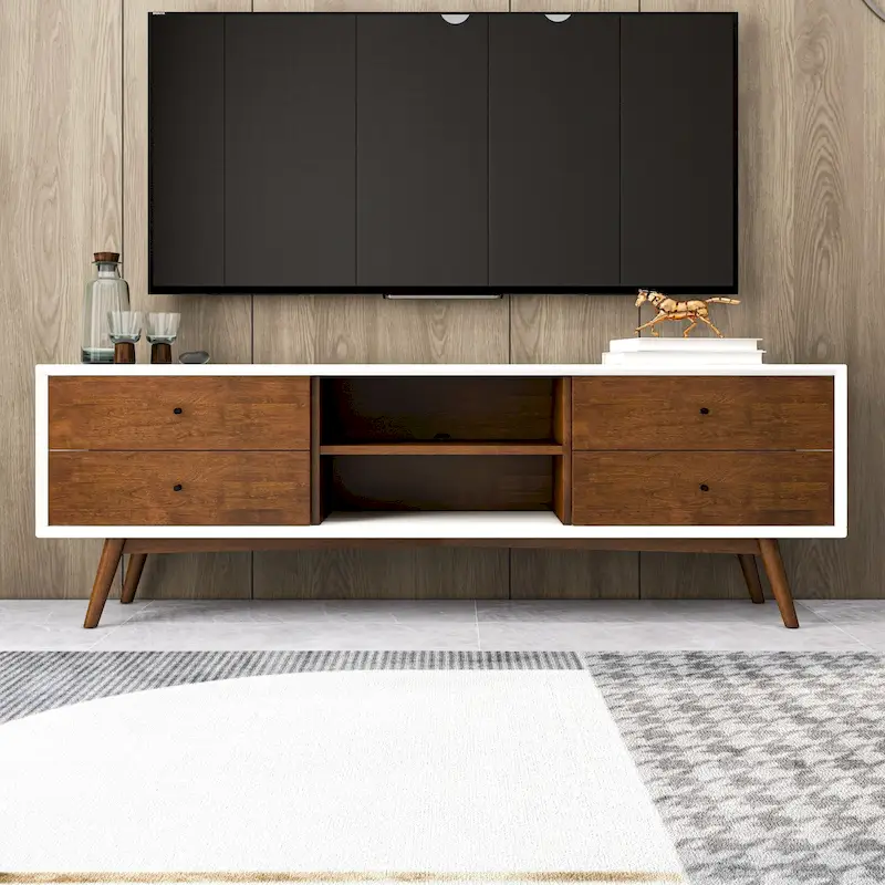 Mid-Century TV Stand with 6 Storage Cabinets, White & Walnut Finish, Solid Wood Frame, Modern