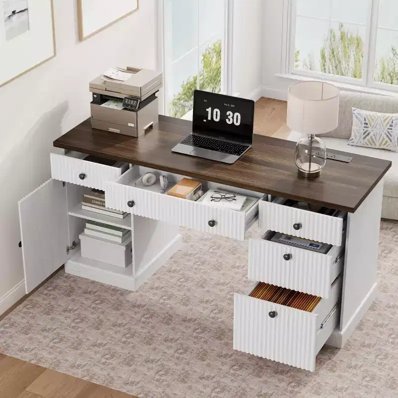 60 Modern Executive Desk with Charging Station & File Drawers, Fluted Wooden Home Office Desk with Storage for Study Room, Computer Writing Desk
