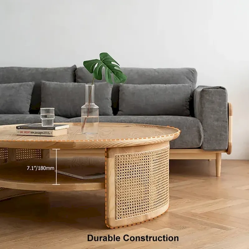 JASIWAY 2-Tiered Round Wood Coffee Table with Rattan Base