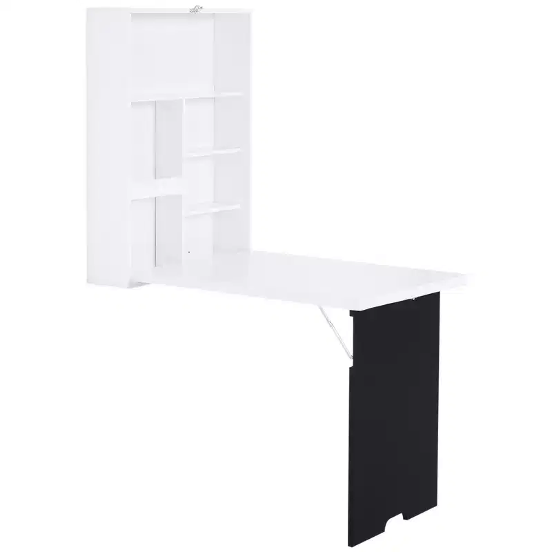 Wall Mounted Foldable Desk with Blackboard and Shelves, White