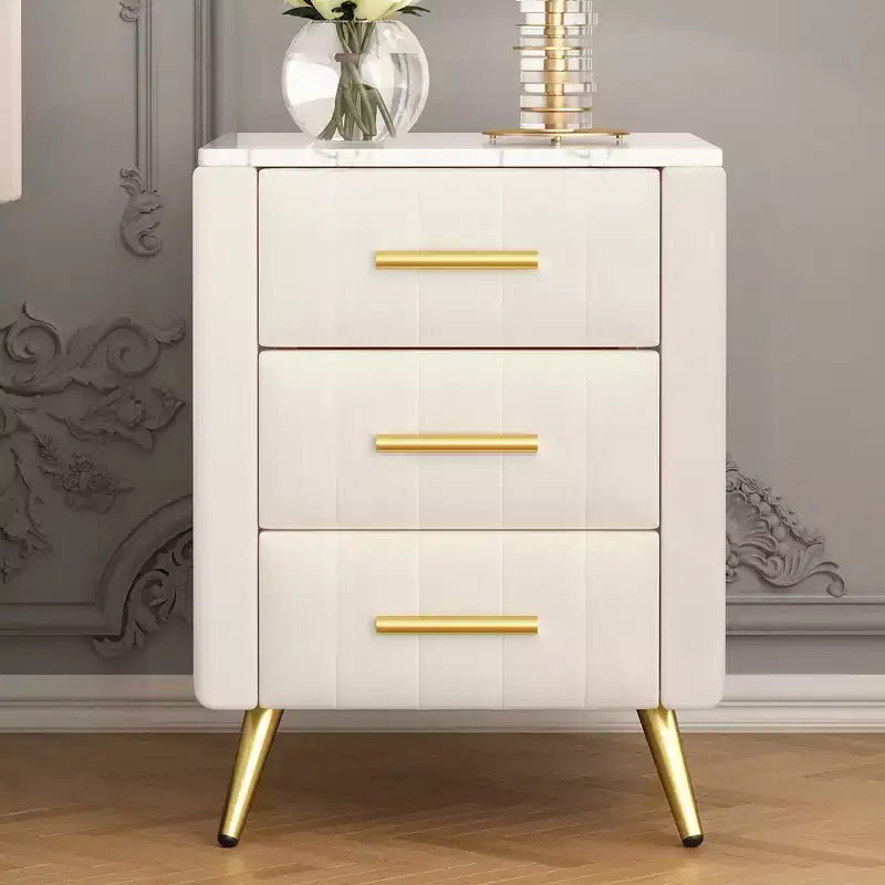 Whisen Elegant Wooden Nightstand, Upholstered Bedside Table with 3 Drawers and Metal Legs, Handles and Marbling Stickers Worktop